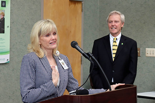 Tammy Phillips at the 29th Annual McAcauley Award acceptance at the podium.